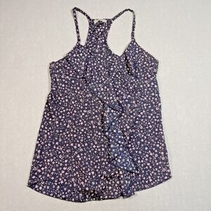 Womens Navy Pink Floral Print Ruffle Racerback Tank Small